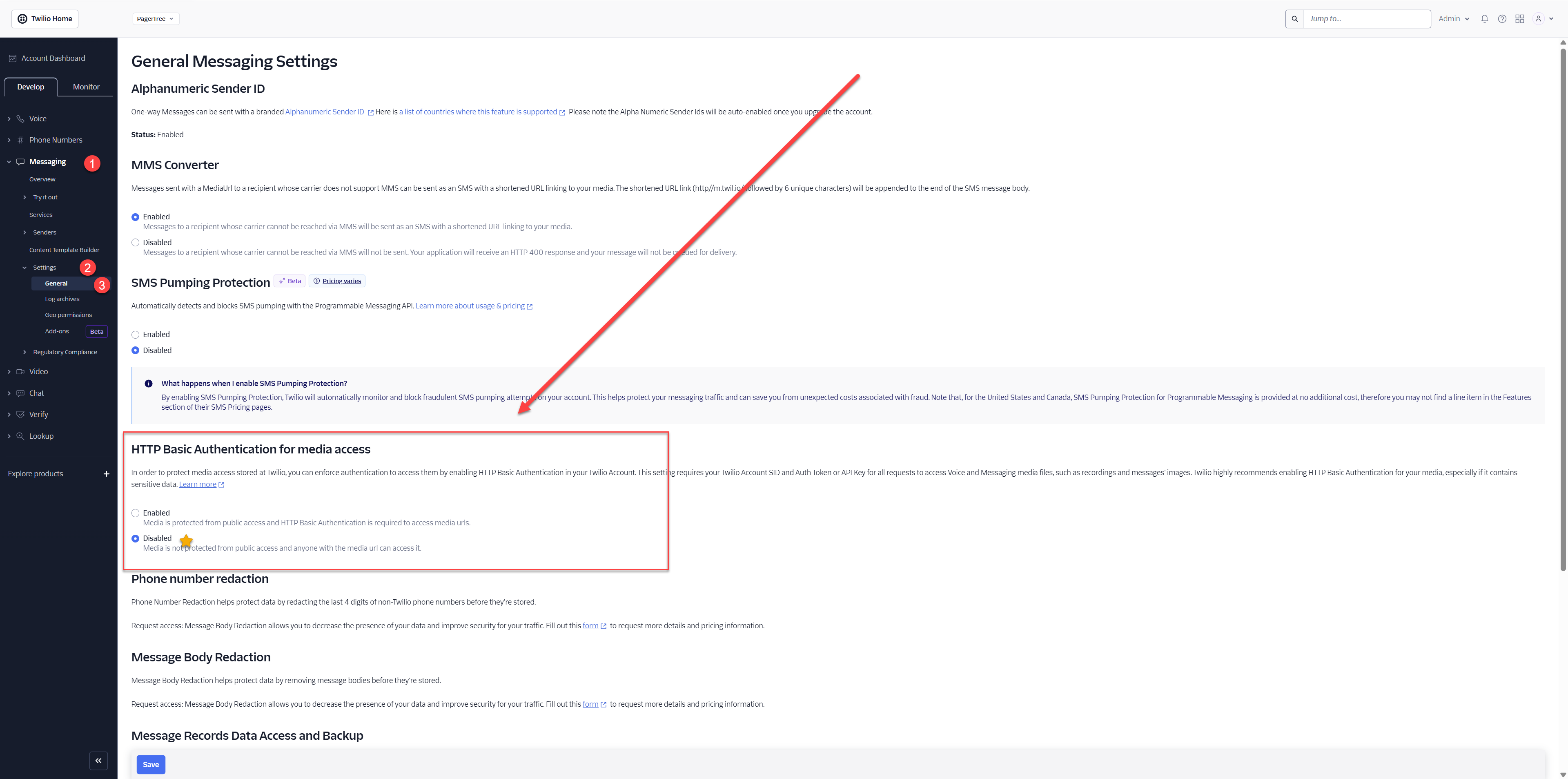 In Twilio, select disabled for HTTP Basic Authentication for Media Access